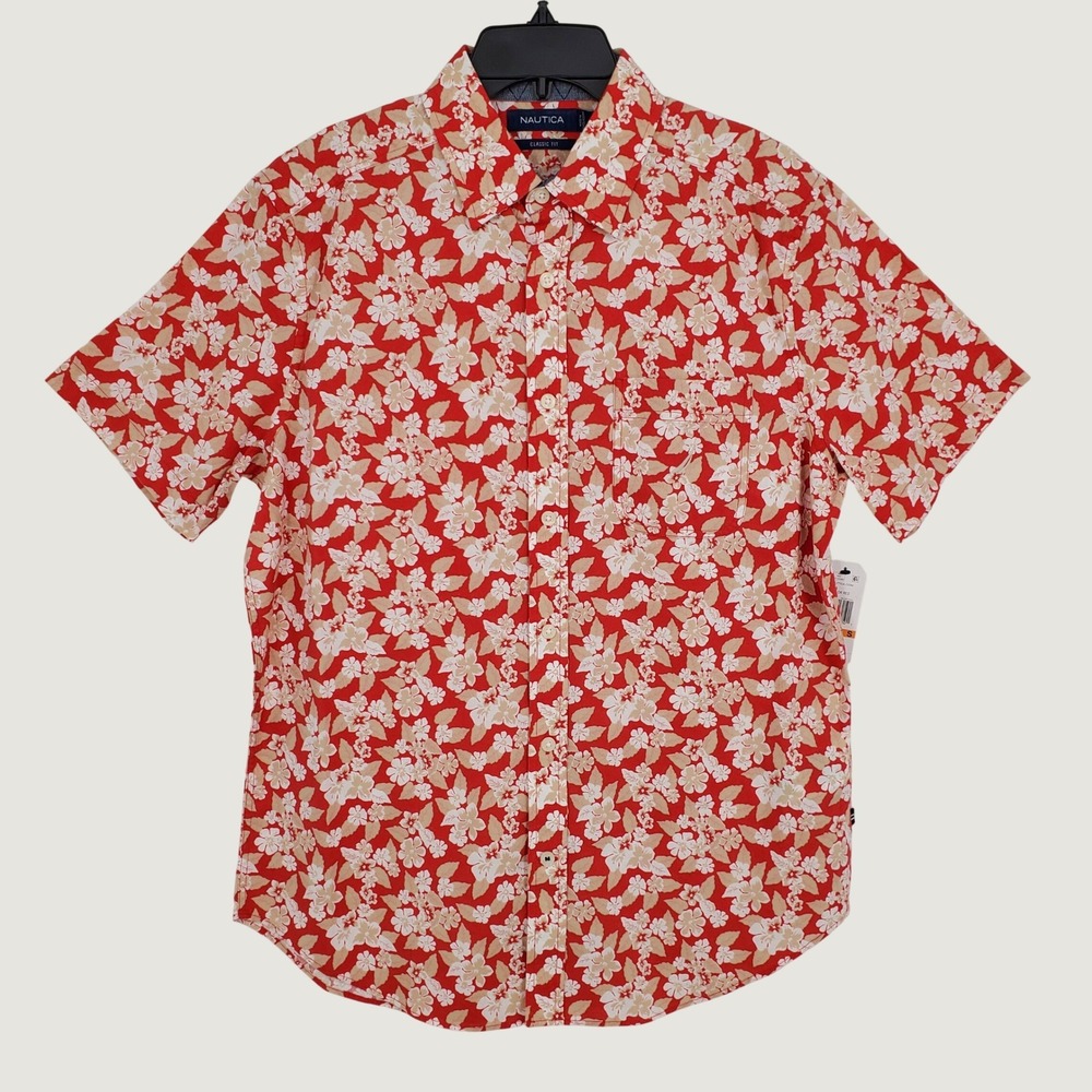 Nautica Classic Fit Short Sleeve Floral Button Down Shirt Small Red 100% Cotton